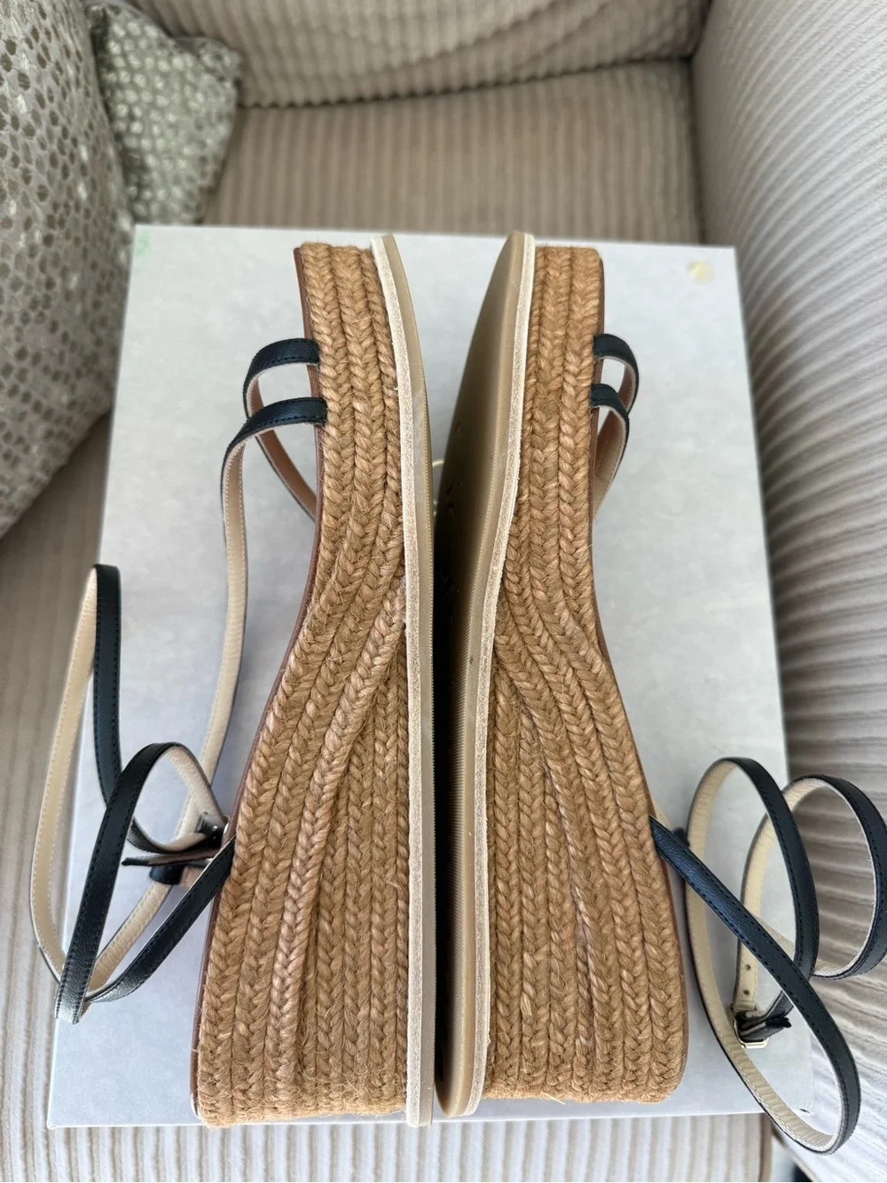 Jimmy Choo Drive 60 Leather Strappy Espadrille Wedge Sandal Black 37.5 7.5 New